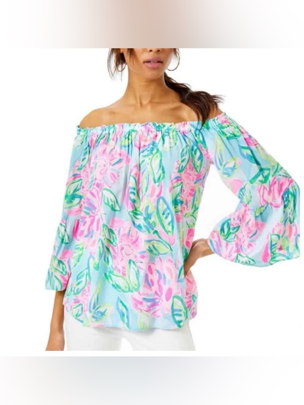 Like New Lilly Pulitzer Off-Shoulder Top With Flowing Bell Sleeves - Picture 2 of 6